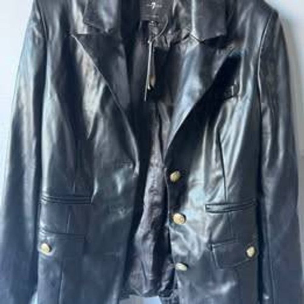 7 For All Mankind Womens Black Vegan Faux Leather Blazer Gold Buttons Size M NEW